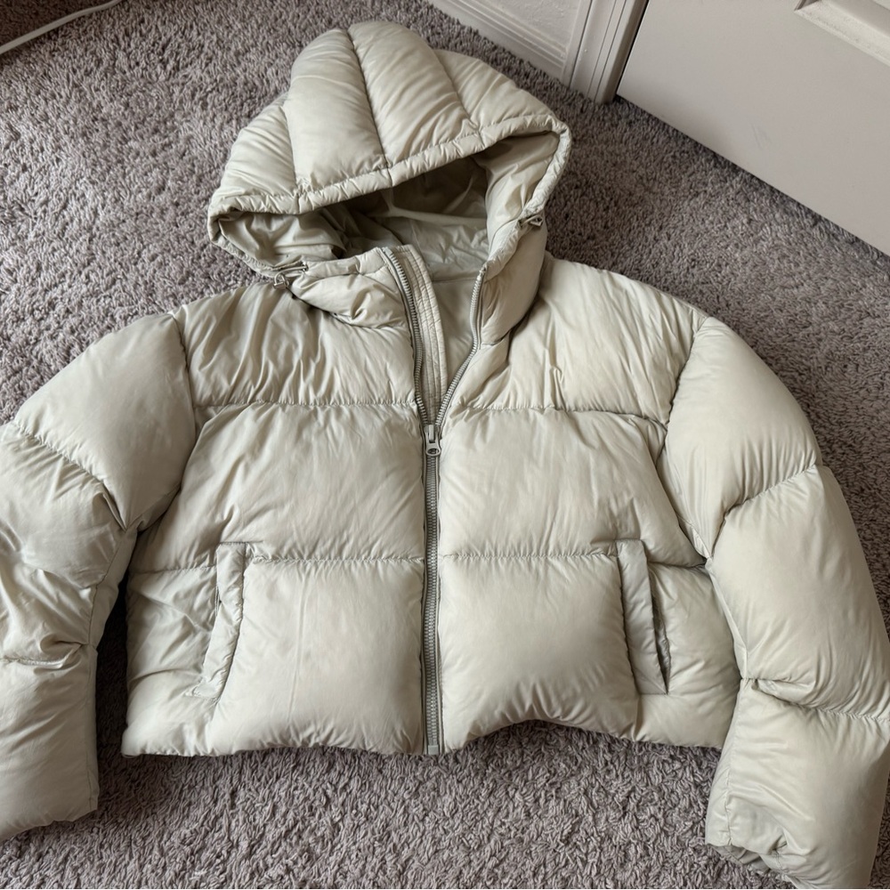Cream Puffer Jacket with Hood